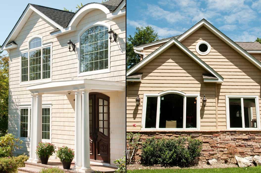 Side-by-side comparison of two beige-shingled house exteriors; left features large arched windows and columns, right has a gable roof and stone foundation.